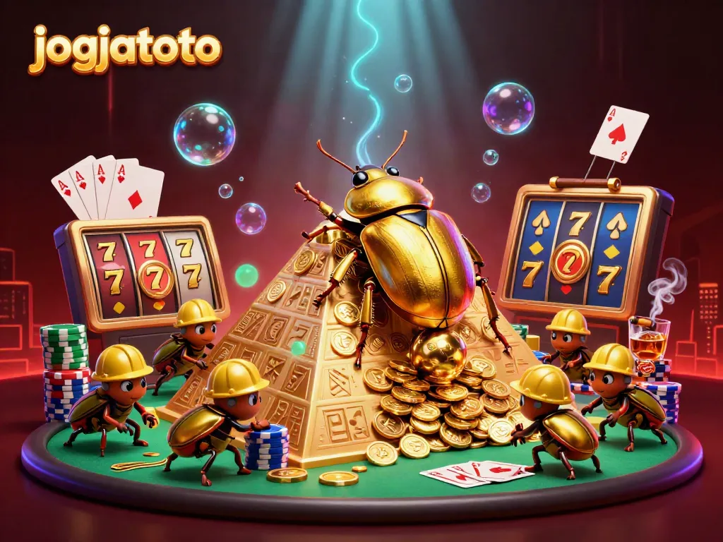 Engage in thrilling gameplay at jogjatoto with a dynamic 3D scene showcasing a golden beetle and casino elements.