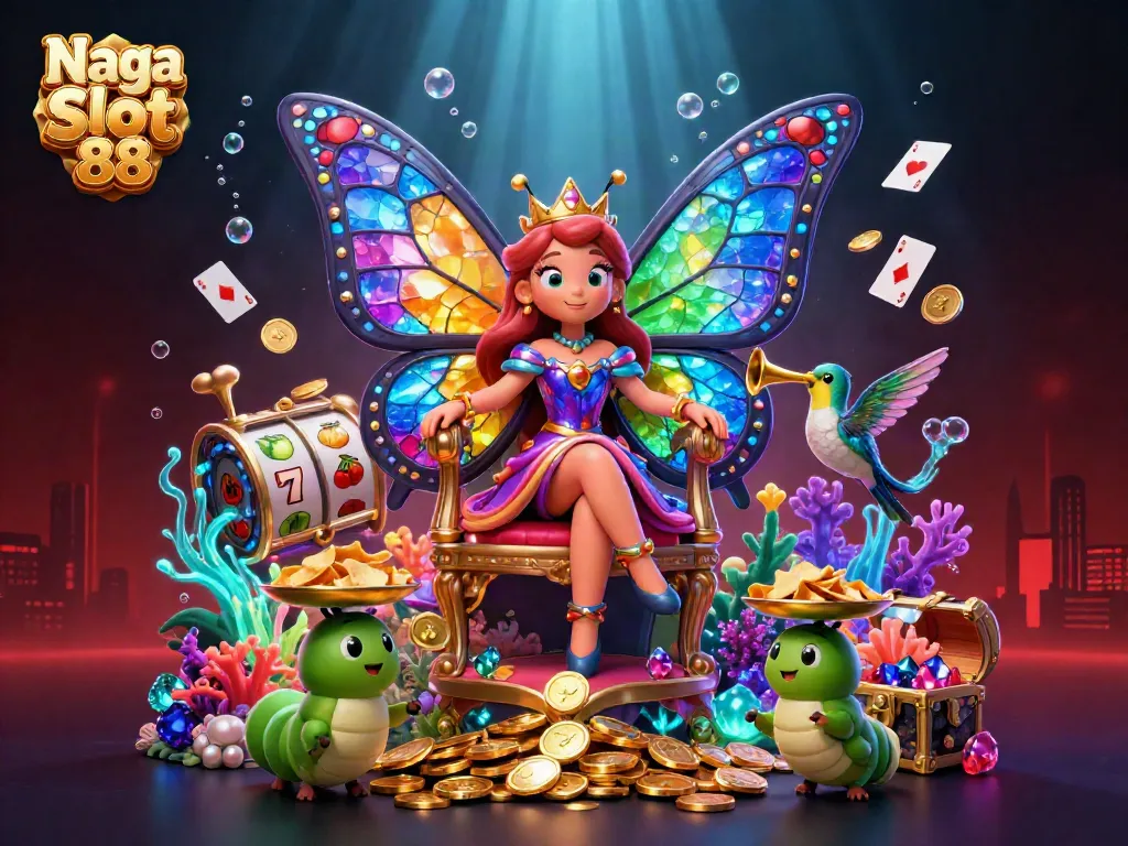 Experience Naga Slot 88 through vibrant 3D illustration featuring a butterfly queen and spectacular casino elements.
