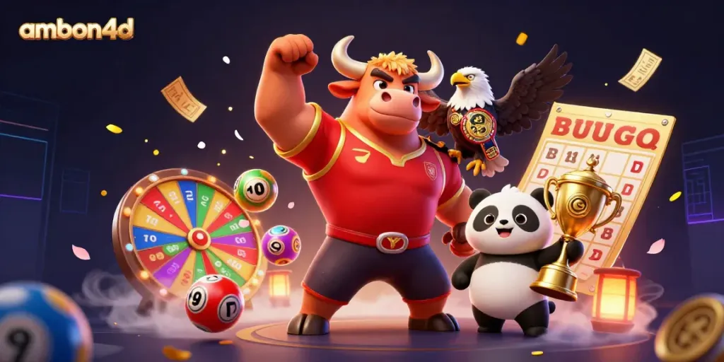 ambon4d showcases casino excitement with a bull mascot, eagle, and panda celebrating winning moments.