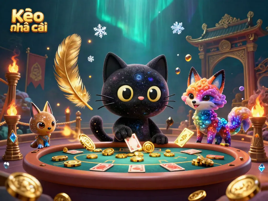 Kèo nhà cái scene with a black hole cat and nebula fox gambling with golden chips and cosmic elements.