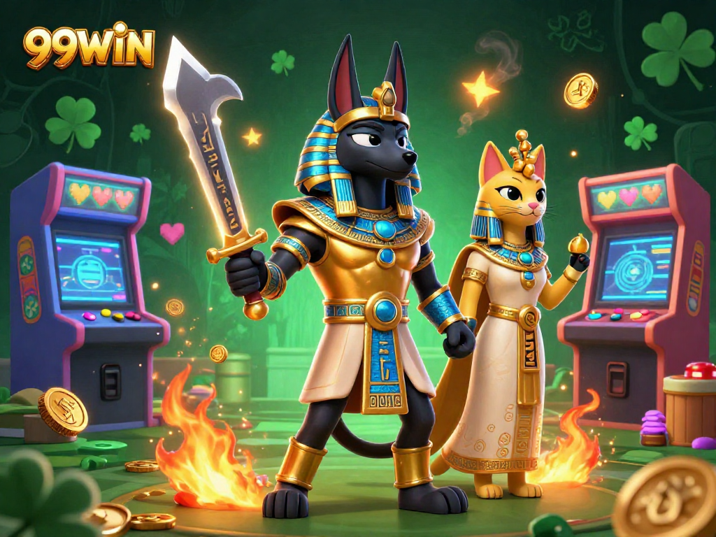Experience the vibrant gambling world of 99WIN with Anubis and Bastet amidst 3D gaming elements.