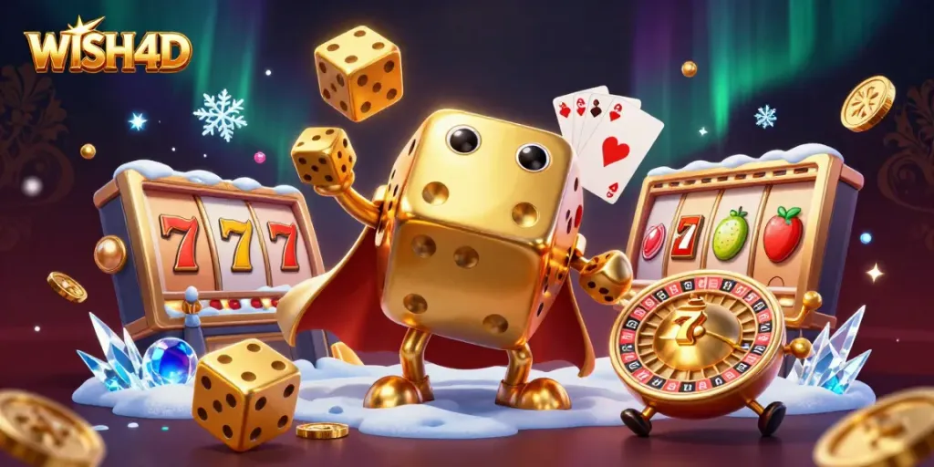 Join the excitement at WISH4D, where a golden dice golem juggles wins and slots spin for jackpots!