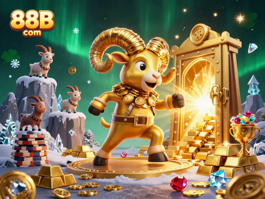 Experience 88B com's vibrant casino world with our golden ram illustration, loaded with treasures.