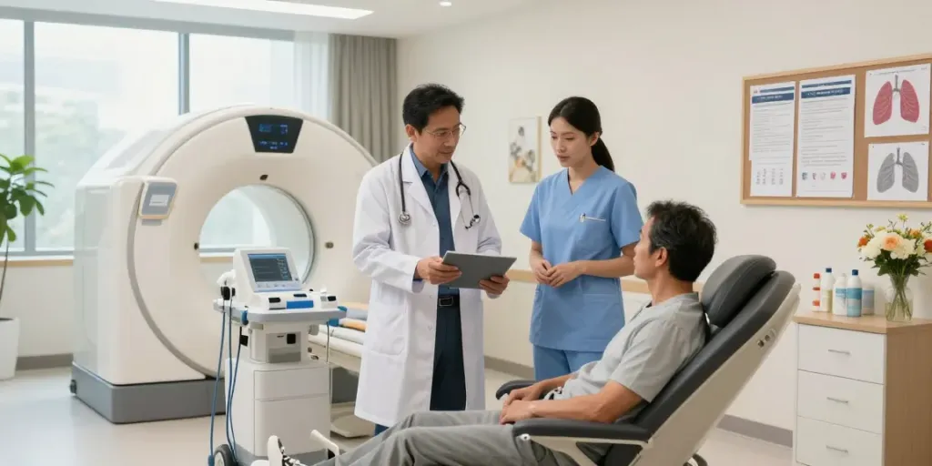 Lung cancer treatment UAE: Compassionate healthcare professionals discussing patient care plan in a modern oncology treatment room.