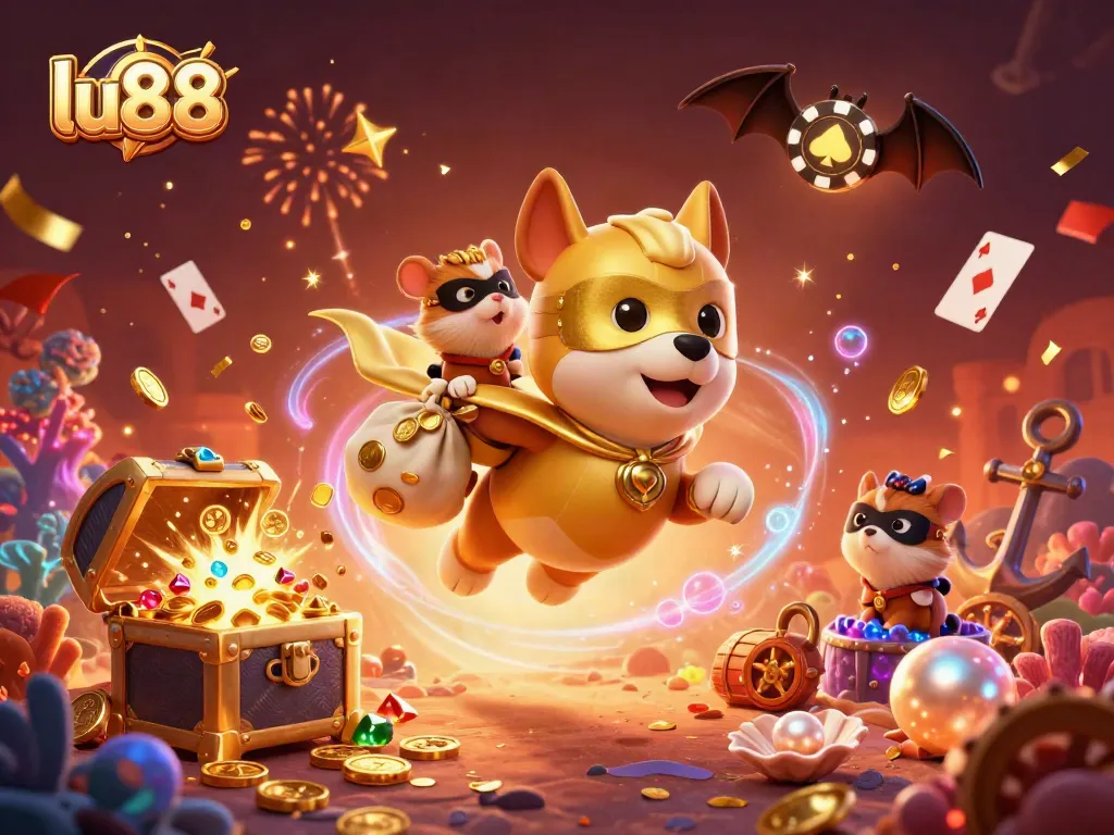 Lu88 casino adventure with a superhero dog and sidekick teaming up for big wins among treasure and cards.