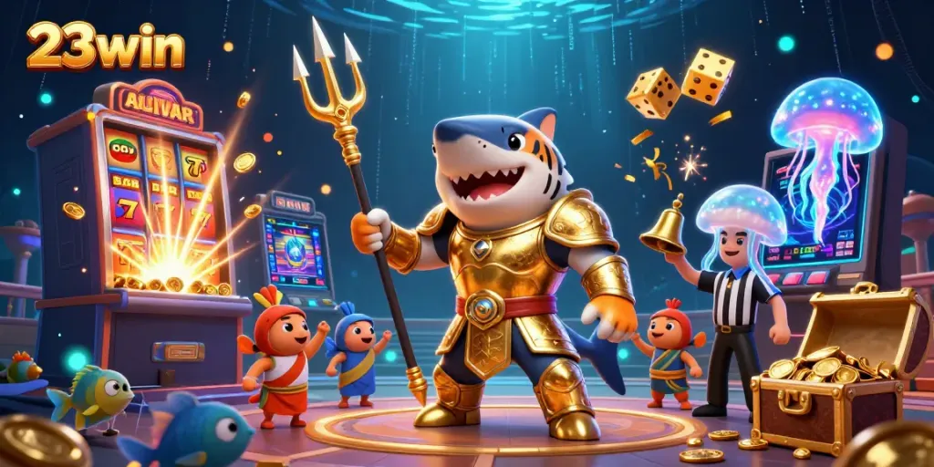 Experience immersive gaming excitement with 23win's thrilling online casino atmosphere featuring vibrant characters and jackpot elements.