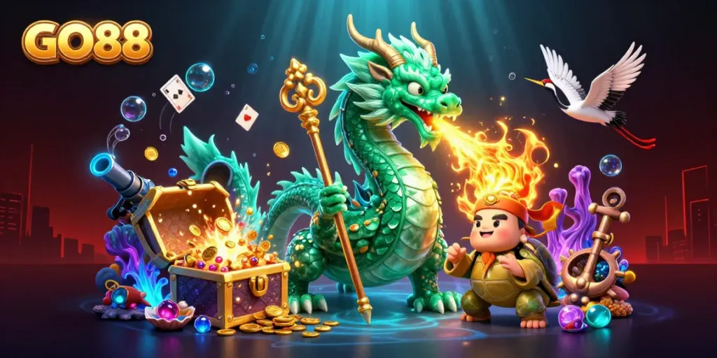 Experience GO88 with an emerald dragon and 3D turtle in a vibrant casino illustration.