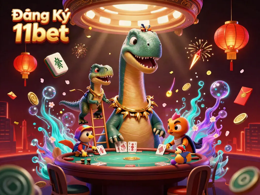 Join the fun with Đăng Ký 11bet, featuring a dinosaur hosting a lively casino scene.