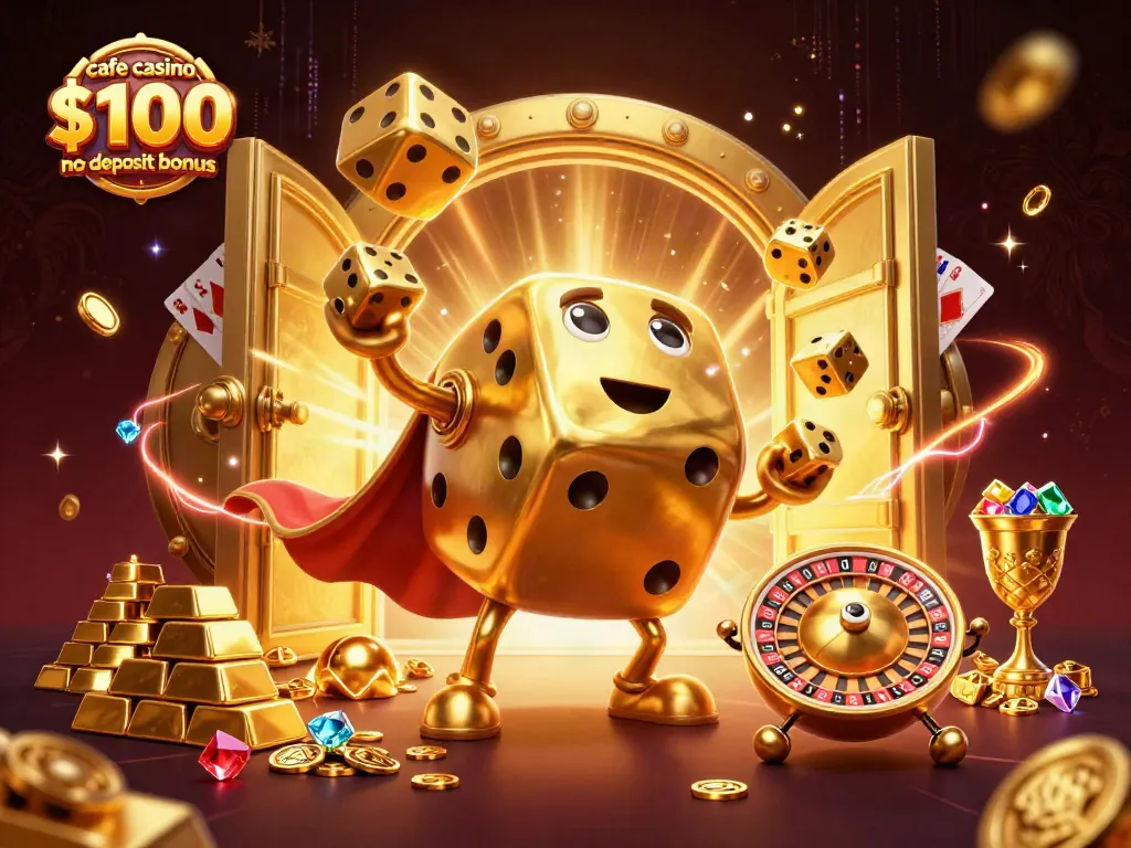 Claim your cafe casino $100 no deposit bonus in this vibrant animated scene featuring lucky items.