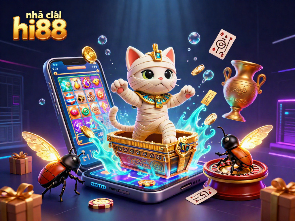 Engage with the vibrant world of nhà cái hi88 through a dazzling casino scene featuring exciting games and characters.