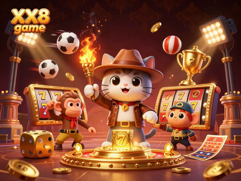 Experience the thrill of XX8 game with a cat archaeologist and casino treasures in an enticing scene.