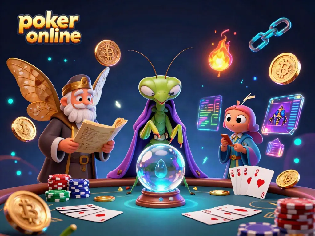 Engage in poker online adventures with a mystical scene featuring vibrant characters and thematic elements.