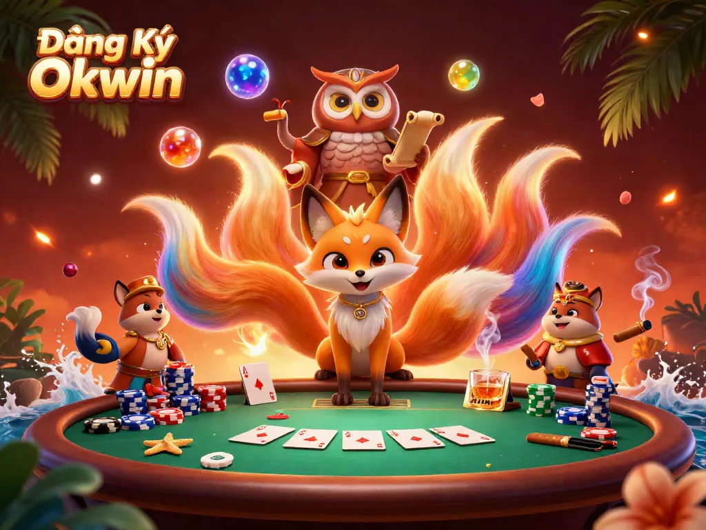 Engage in Đăng Ký Okwin with a vibrant scene of a mystical nine-tailed fox, an owl sage, and dynamic poker gaming elements.