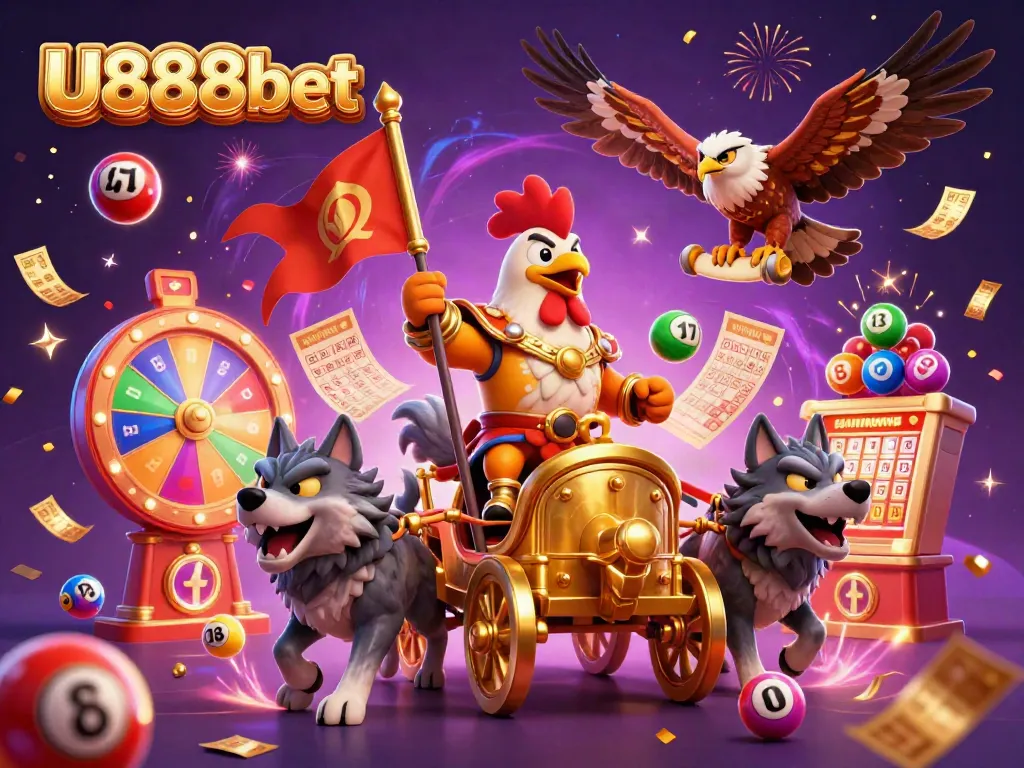 Experience the excitement of U888bet with a vibrant casino scene featuring dynamic lottery elements.
