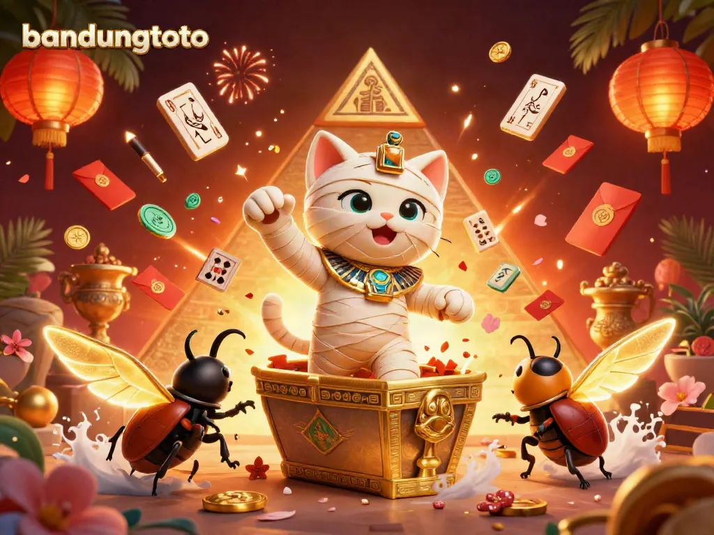 Experience the excitement at bandungtoto with a vibrant scene featuring a mummy cat and casino elements.