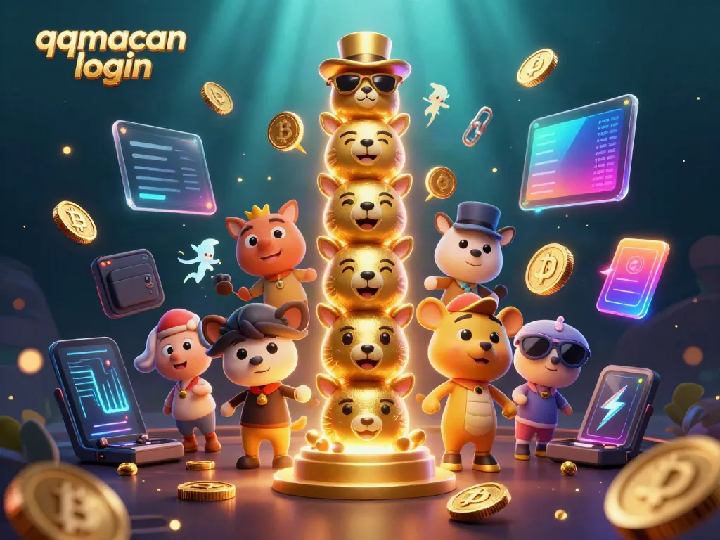 Engage in creative gameplay with QQMacan login showcasing a vibrant 3D totem scene and animated crypto elements.