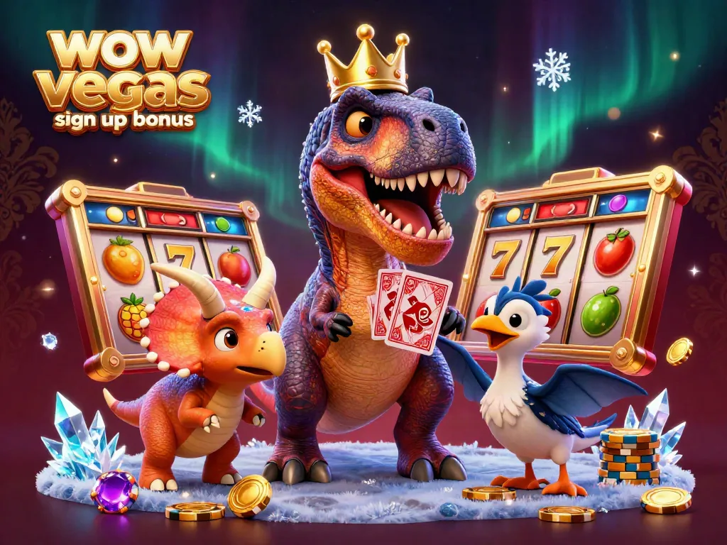 Experience the thrill of the wow vegas sign up bonus with playful dinosaurs in a colorful casino scene.