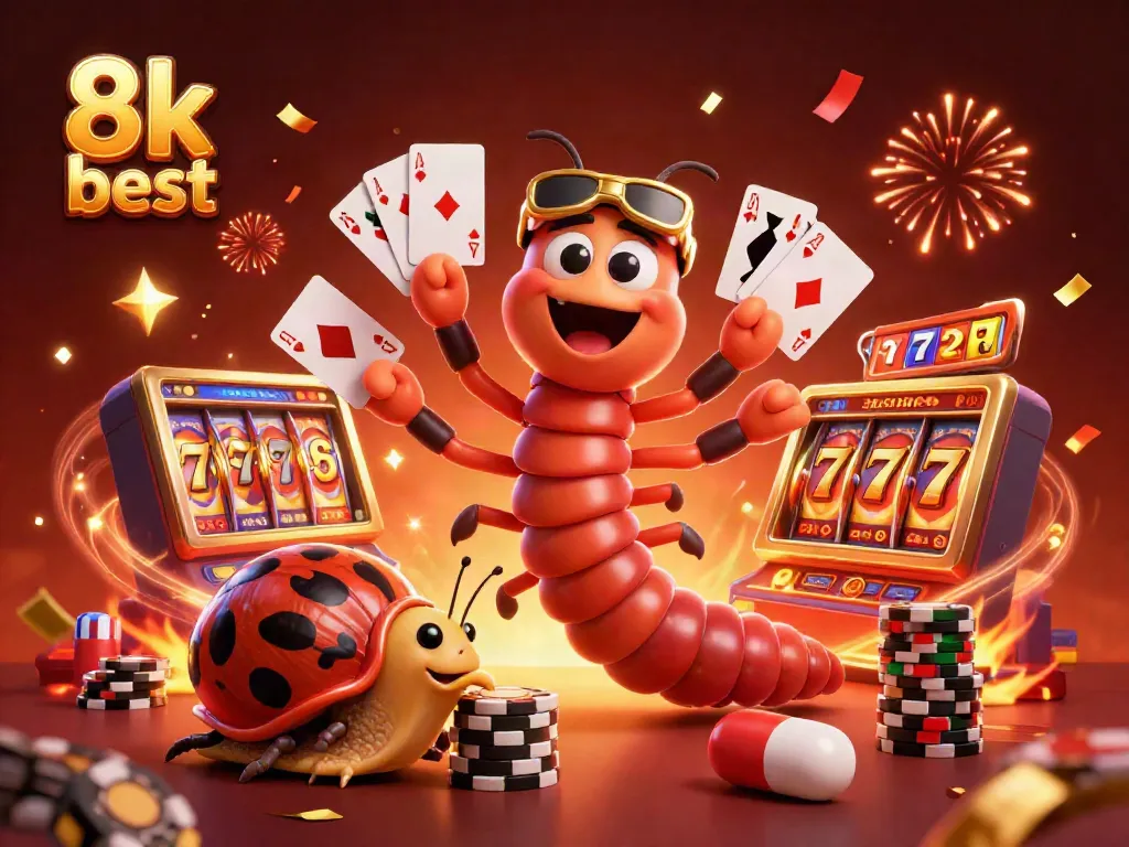 Experience the excitement of 8k best casino games with a vibrant illustration of a millipede dealer and animated characters.