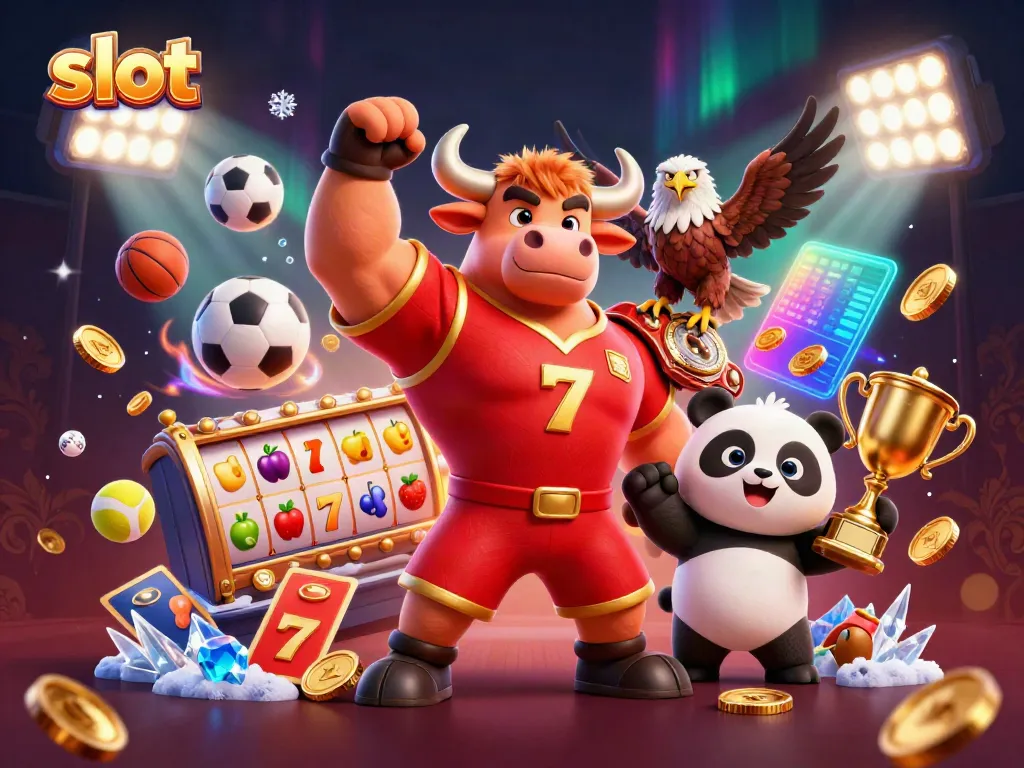Experience thrilling slot action with a cartoon bull, eagle, and panda celebrating wins.