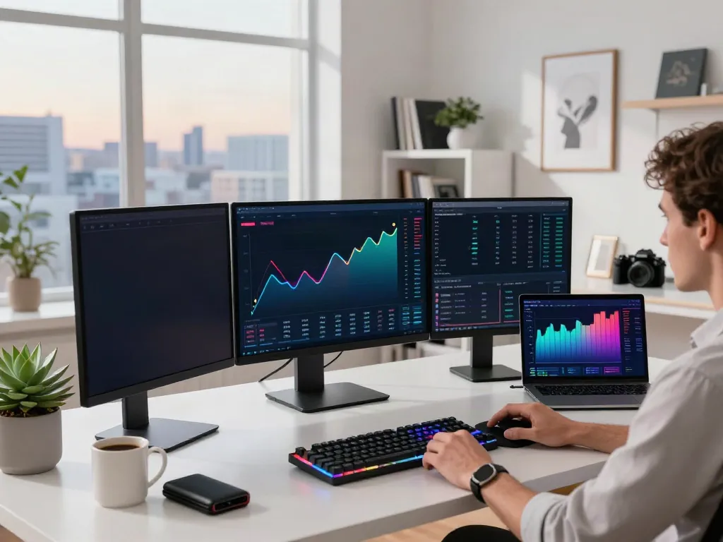 Real-time market data API in a professional cryptocurrency trading setup, featuring Bitcoin and Ethereum charts and DeFi tools.