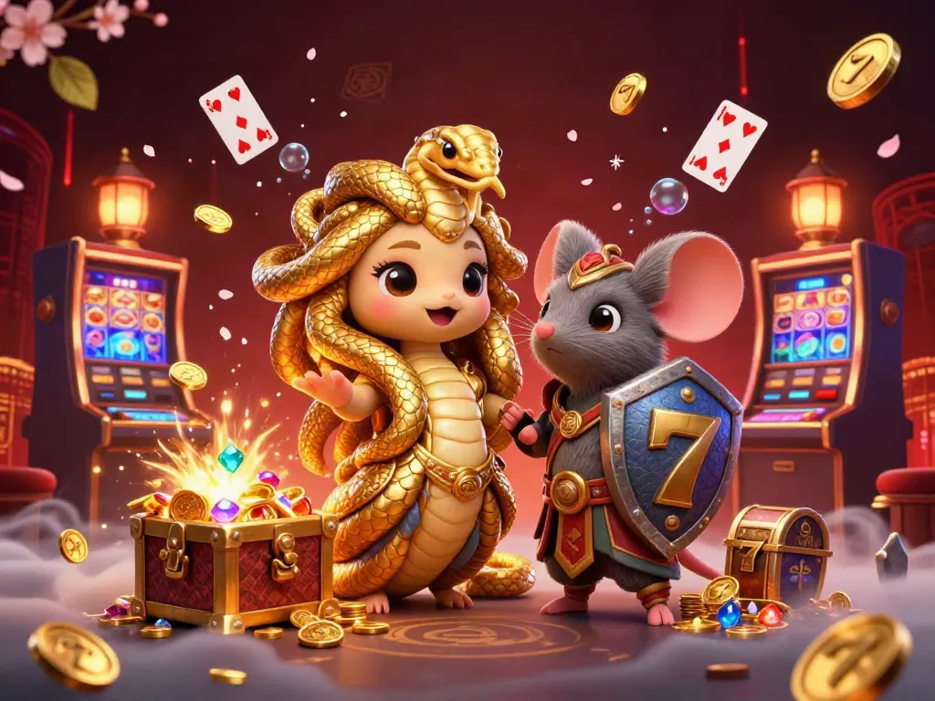 Experience 3D cartoon excitement with Medusa and a warrior mouse, surrounded by 슬롯 elements like slot machines and gold!