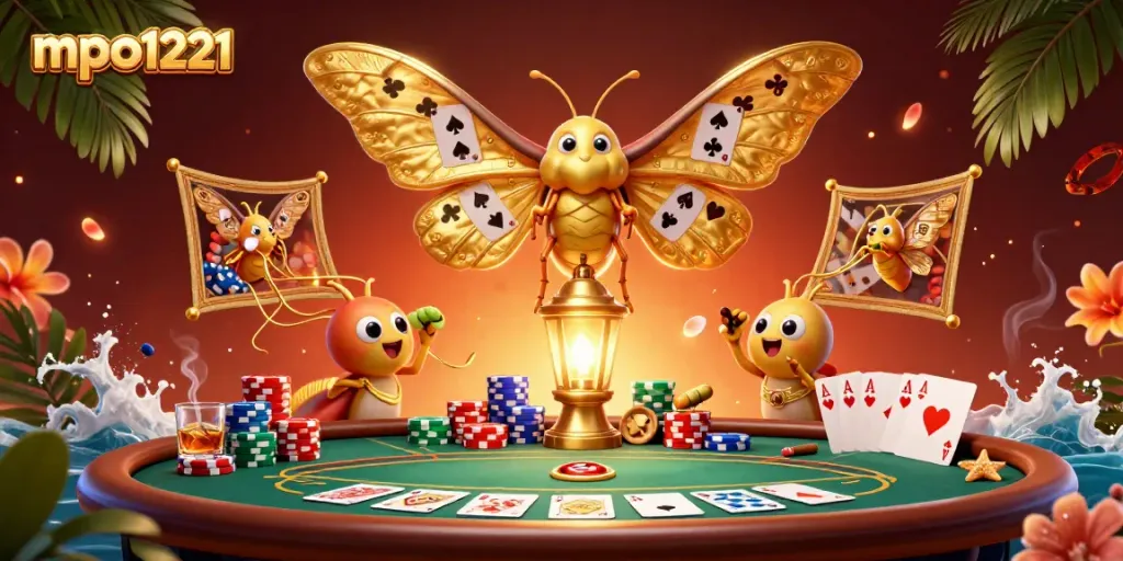 Play thrilling casino games on mpo1221 with vibrant imagery of a 3D moth and poker elements.