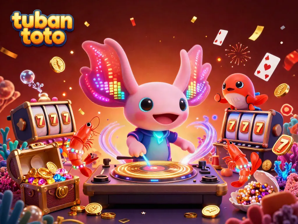 Experience the vibrant world of tuban toto with a neon axolotl DJ and dynamic characters in a packed casino scene.