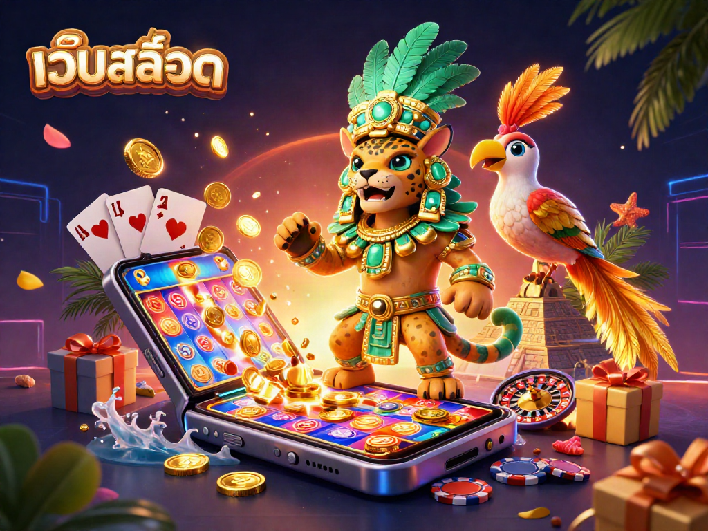 Play the vibrant เว็บสล็อต with colorful slot reels and dynamic elements featuring a Mayan jaguar and his companion.