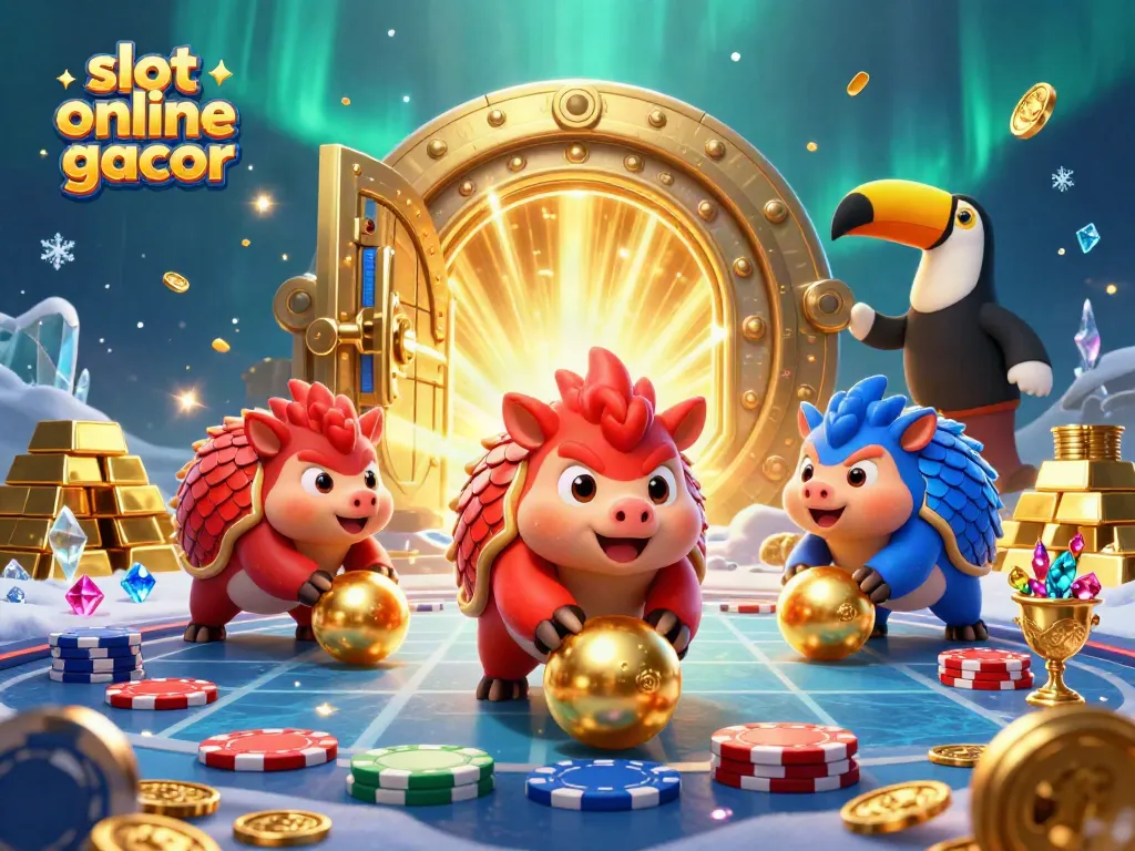 Jelajahi slot online gacor dengan karakter lucu yang bersaing, dikelilingi harta karun dan simbol perjudian.
