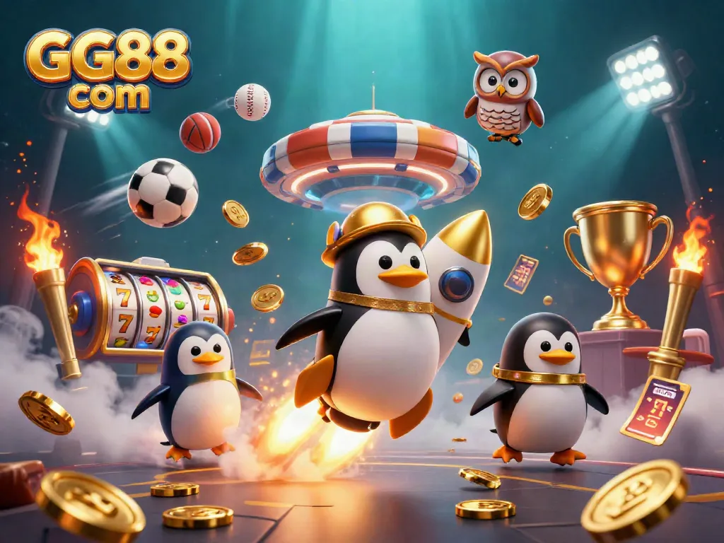 Experience GG88 com with a vibrant 3D cartoon scene of a penguin and a poker chip casino.