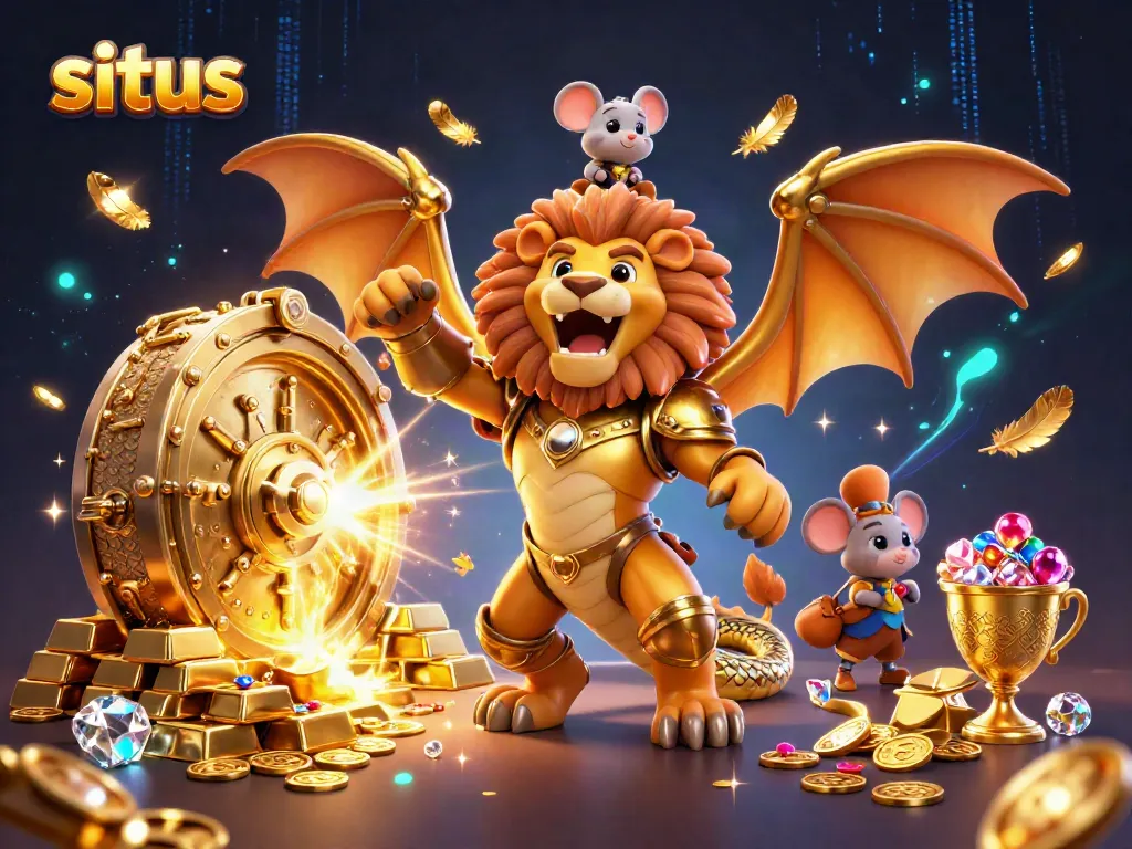 Explore the exciting world of situs gambling as a chimera creature roars, surrounded by treasures and energy.