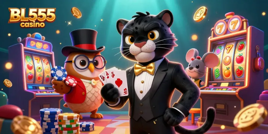 Win big at BL555 casino with the stylish black panther and lucky characters in an exciting gaming scene.