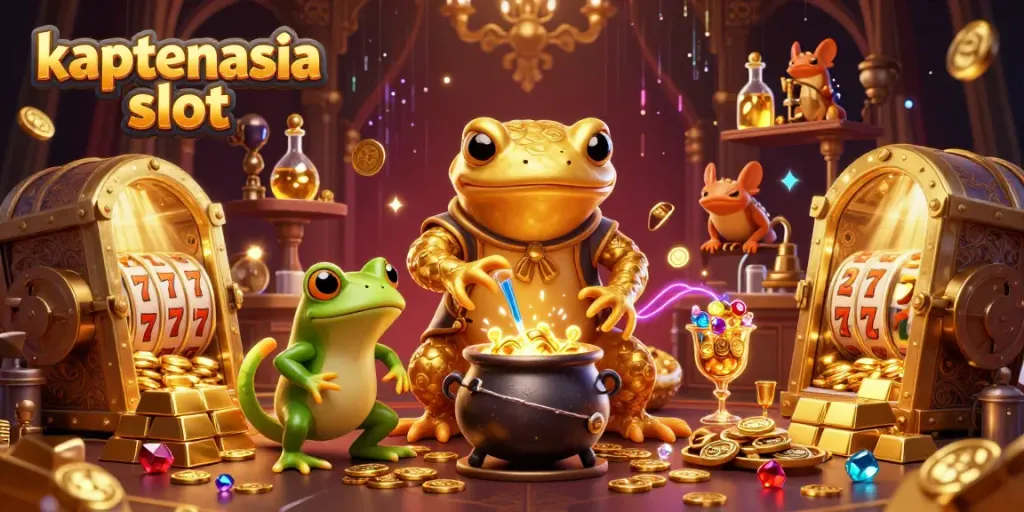 Slot menarik "kaptenasia slot" dengan alkimia emas dan karakter unik di sekitar.