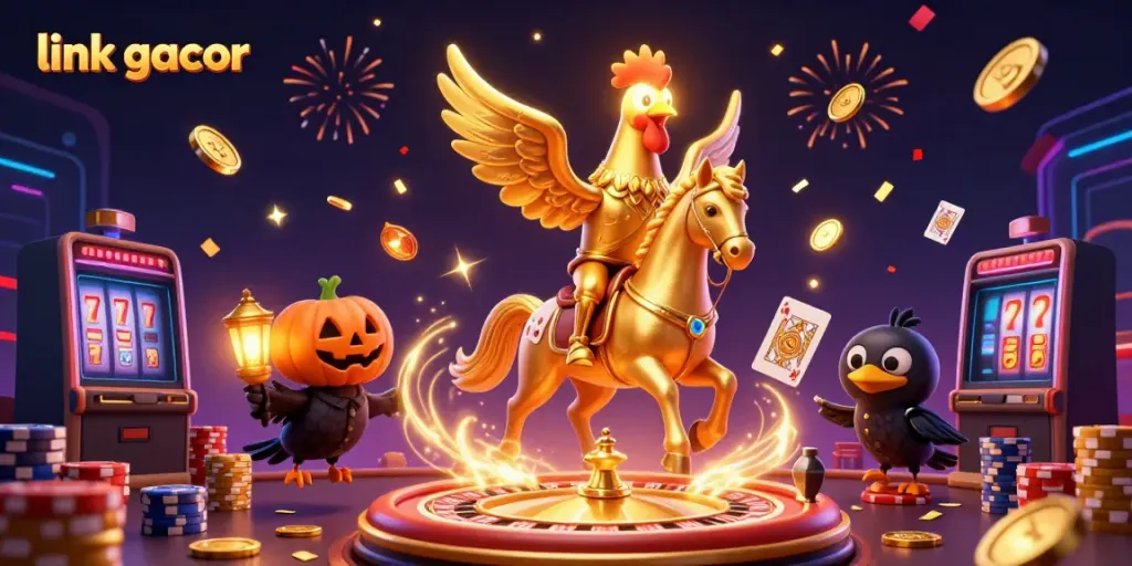 Experience thrilling gameplay with link gacor as the golden rooster rides through a vibrant midnight casino.