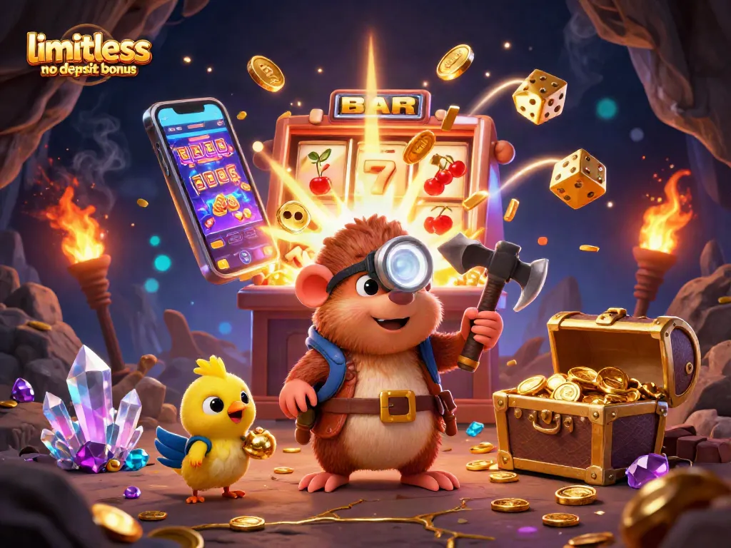 Uncover limitless no deposit bonus opportunities in a vibrant casino scene with a treasure hunter and 3D slot elements.