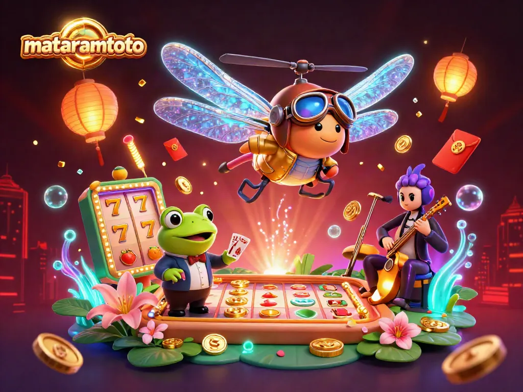Experience thrilling gaming at MATARAMTOTO with engaging slot reels and charming characters in a vibrant casino scene.