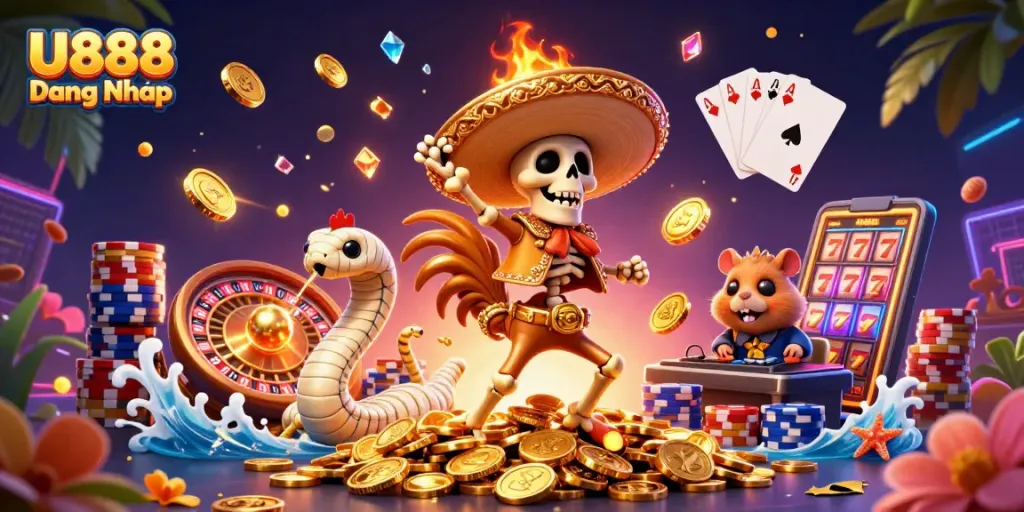U888 Đăng Nhập features vibrant 3D characters celebrating on golden coins, showcasing casino elements.