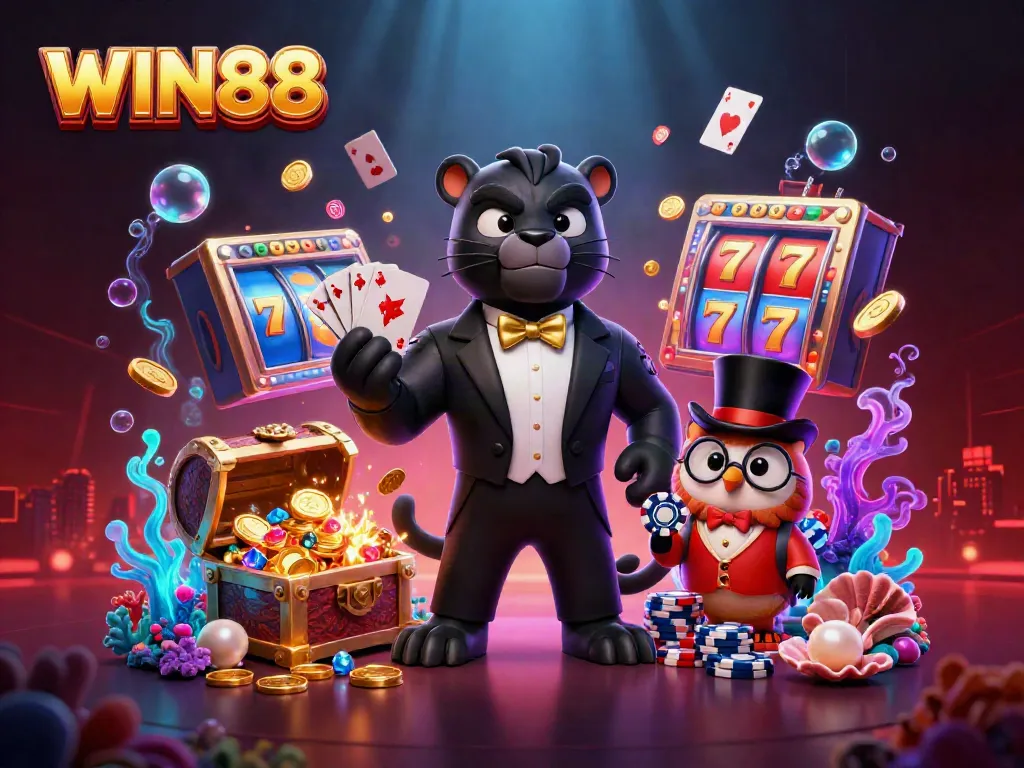 WIN88 streaming slot excitement with a panther dealer, an owl banker, and a lucky mouse player.