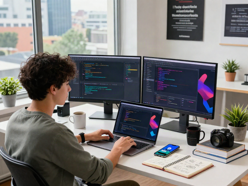 Software developer coding the pikashow app download interface in a bright office setting with tech gadgets and vibrant city views.