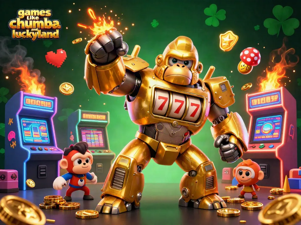 Explore exciting games like chumba and luckyland with this vibrant casino-themed illustration.