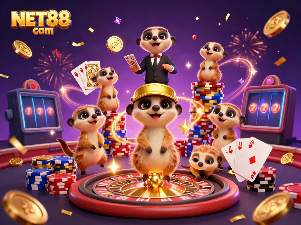 Experience the thrill at NET88 com with vibrant meerkats managing a lively casino scene filled with golden coins and celebration.
