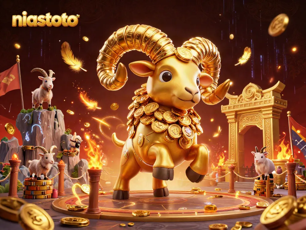 Menang besar di niastoto dengan ram emas kartun dan koin keberuntungan di arena taruhan.