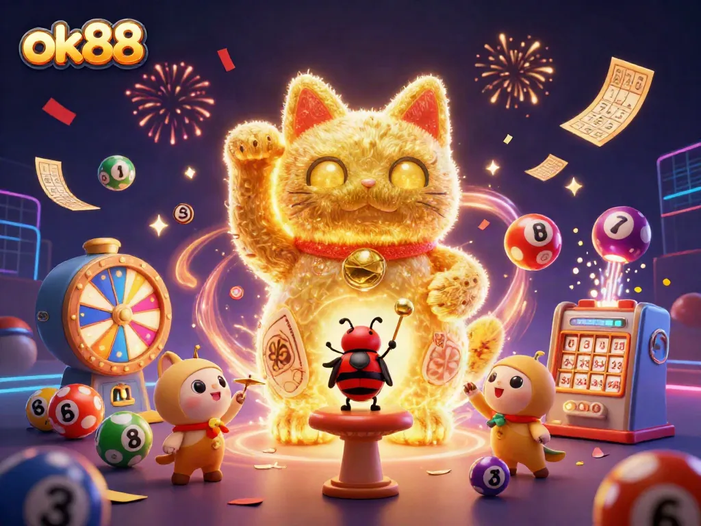 Experience the thrill of ok88 gaming with vibrant visuals of a lucky cat and dynamic casino symbols.