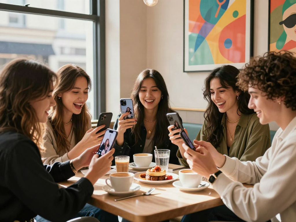 Friends excitedly sharing their celebrity look alike photos in a chic café.