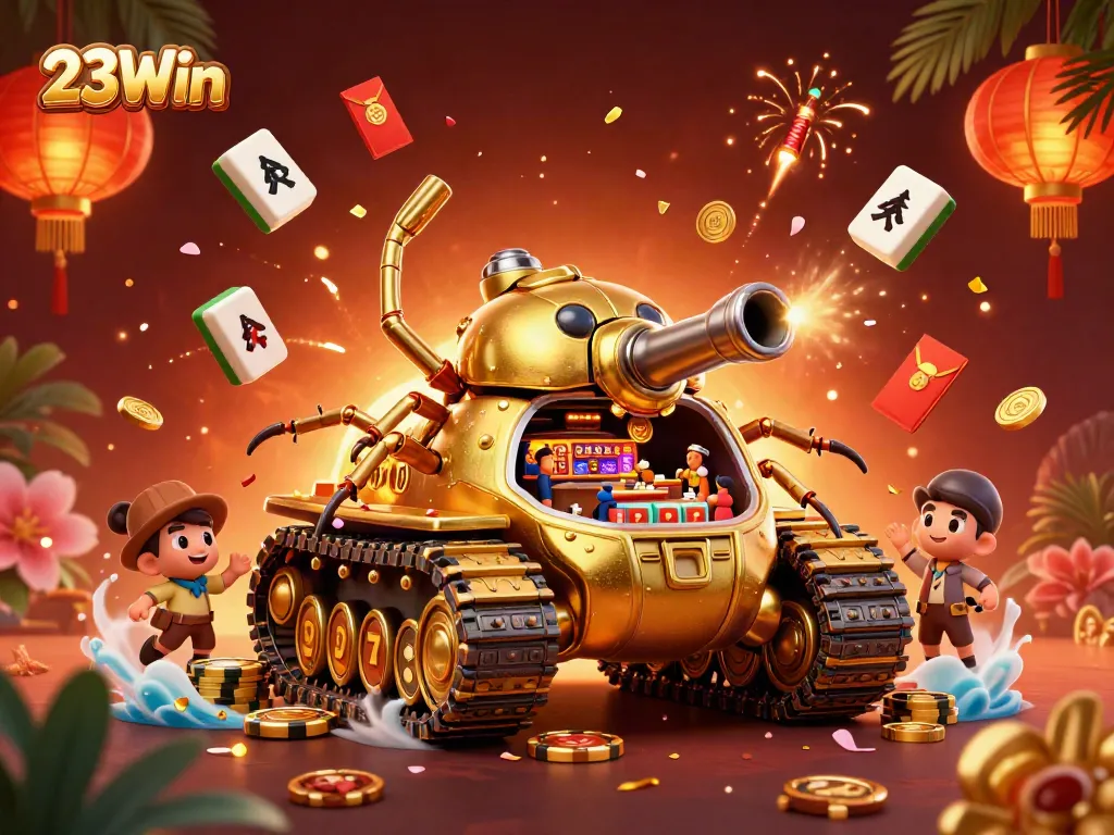 Engage with 23Win's vibrant casino world featuring a golden beetle tank and festive elements.