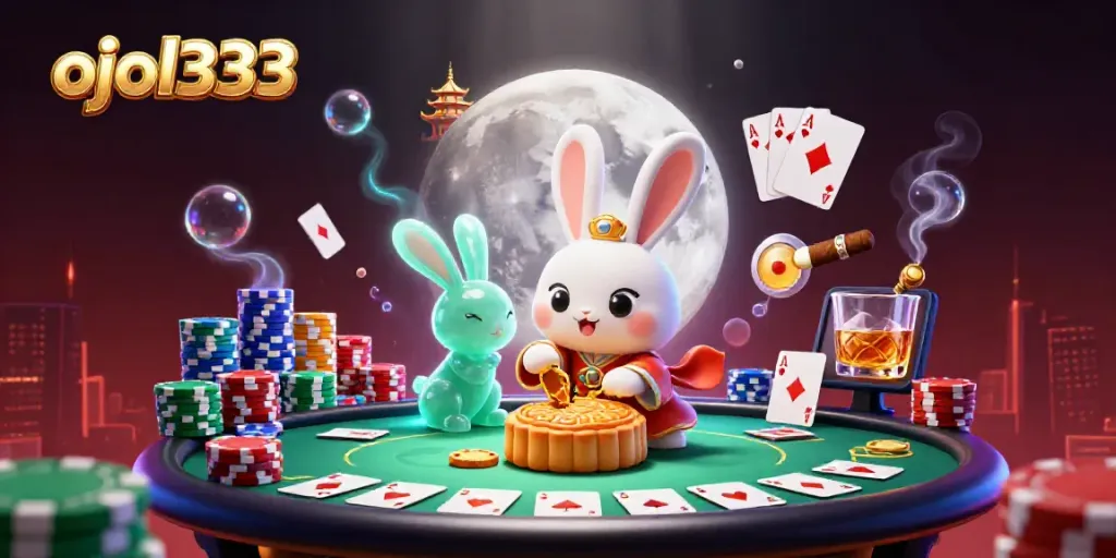 Enhance your gameplay with Ojol333, featuring a lively lunar poker scene with vibrant characters and casino elements.