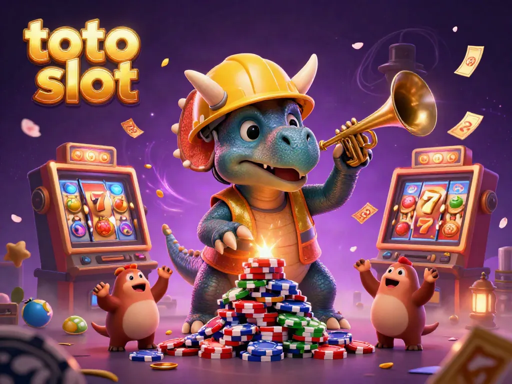 The triceratops celebrates in a casino featuring dynamic elements of toto slot games, with colorful slot symbols and festive ticket confetti.