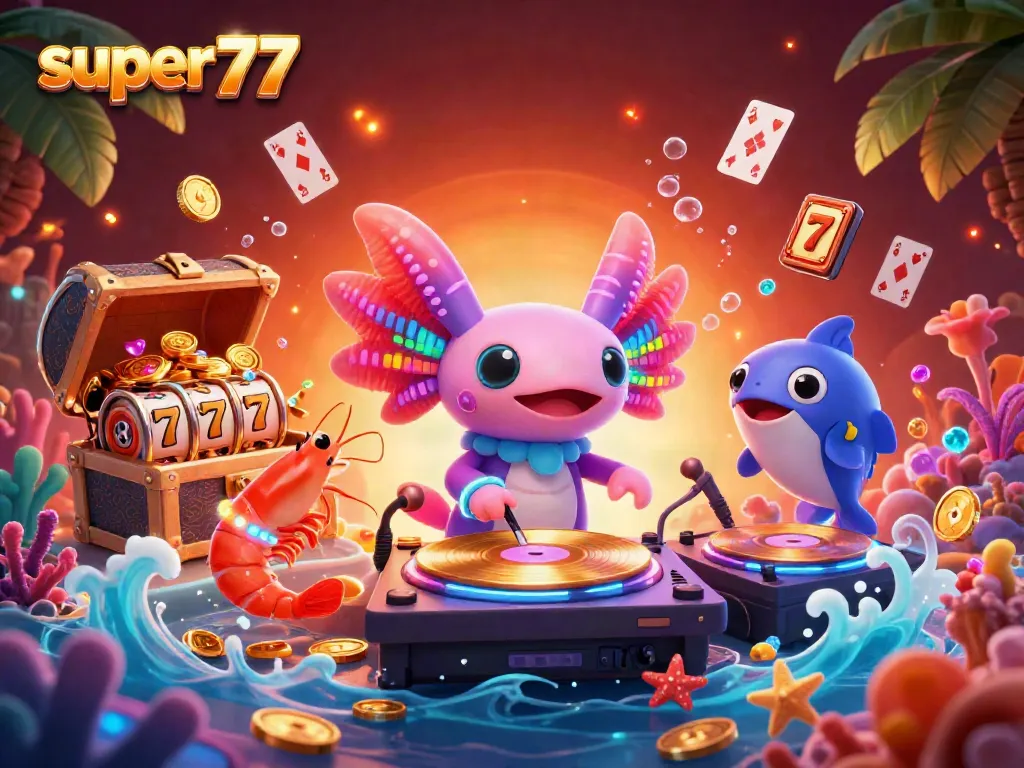 Experience the excitement of super77 online slots in a vibrant underwater casino scene.