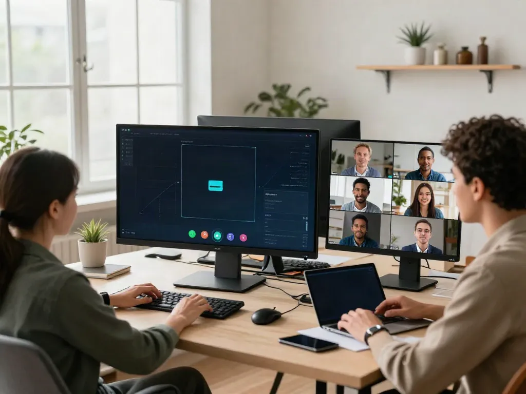 Deepfake free meetings scene with professionals in a virtual conference setting showcasing authenticity and engagement.