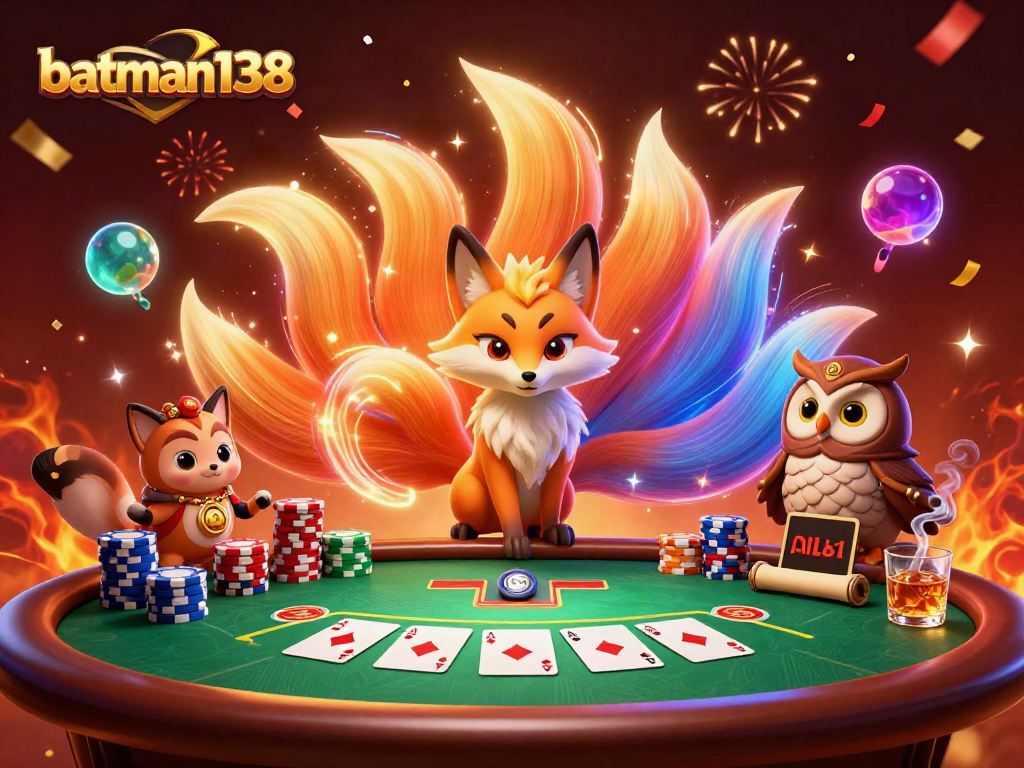 Play games at batman138 with an exciting illustration of a vibrant casino scene featuring unique characters and elements.